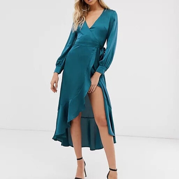 Club L London Dresses Club L London Teal Satin Long Sleeve Midi
